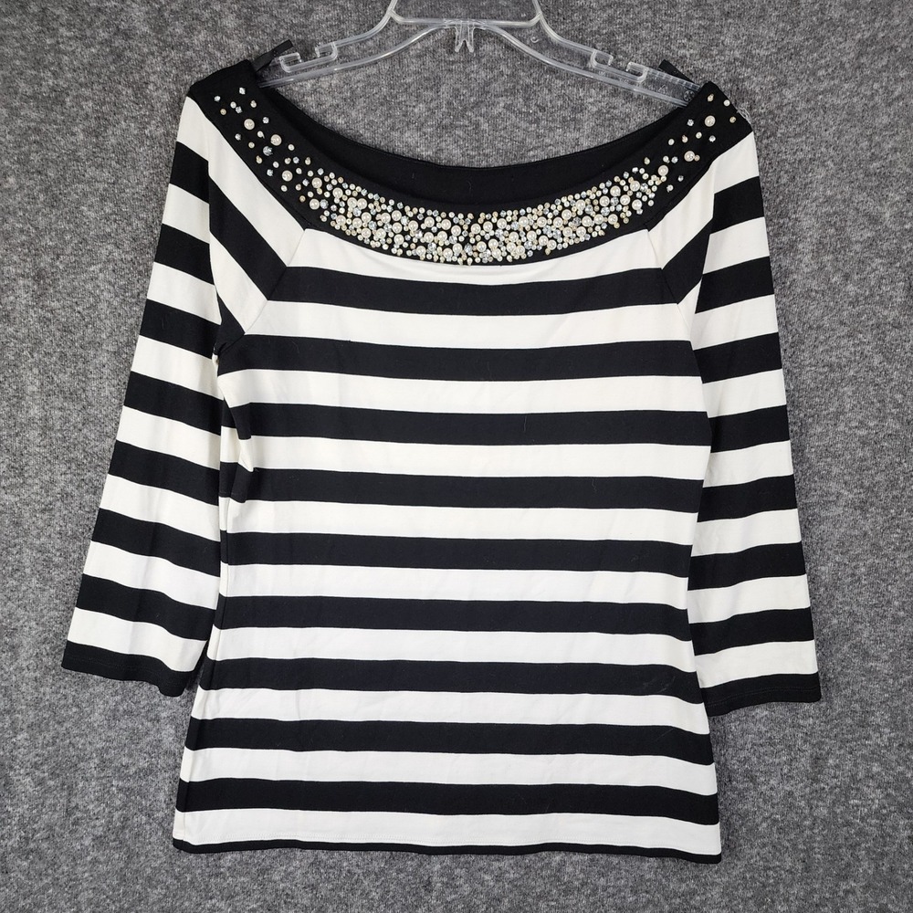 WHBM Top Womens Medium Striped Boat Neck Pearl Embellished Black White EUC